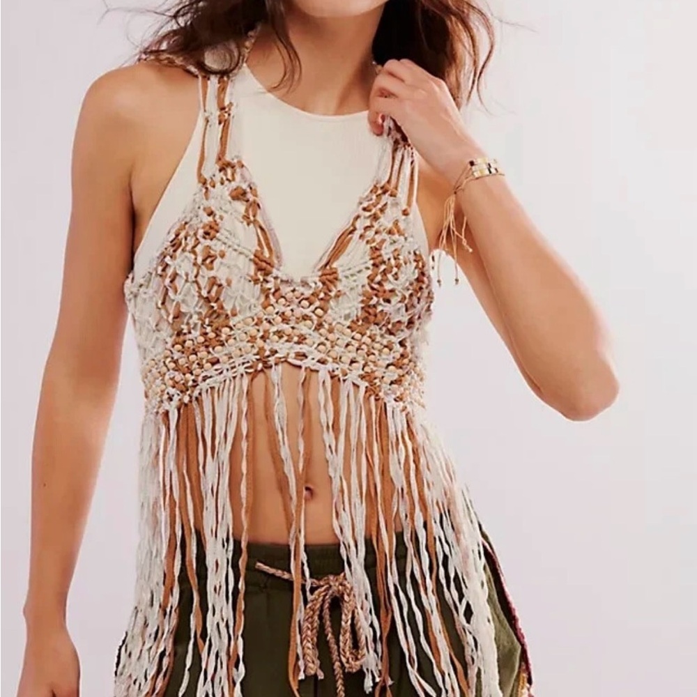 NWOT Free People Bali Coral Macrame Festival BOHO Top Gold Lurex Combo Size XS